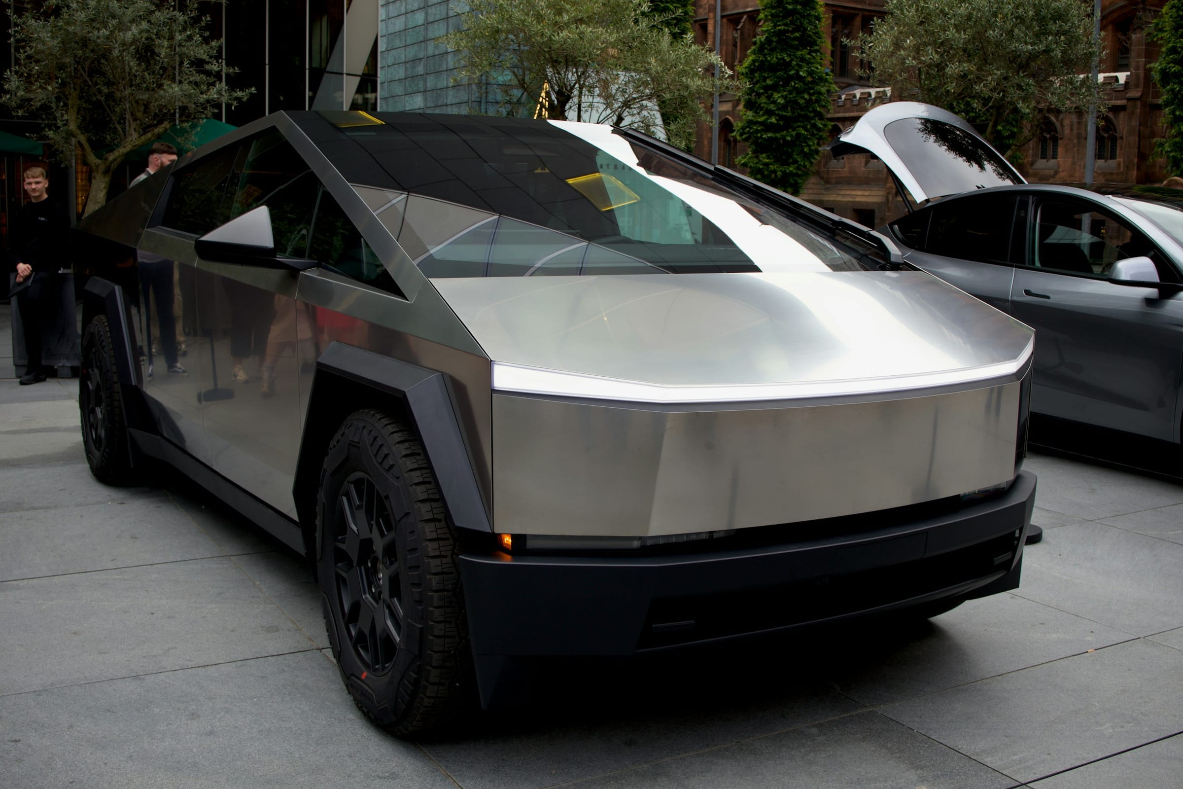 Front view of a Tesla Cybertruck with the frunk open