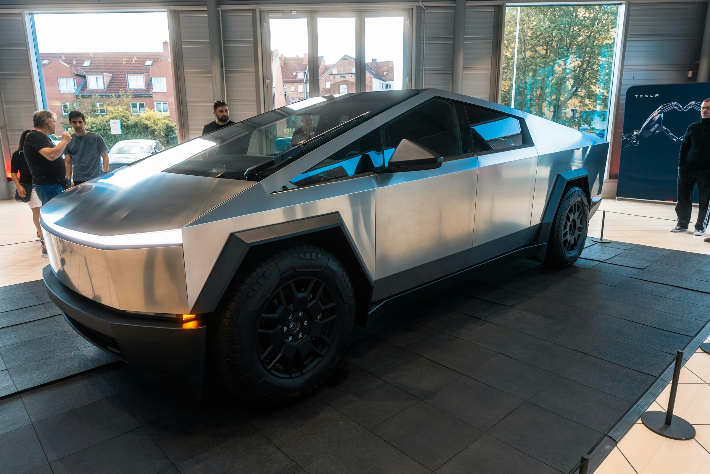 Tesla Cybertruck on display in a showroom, front view
