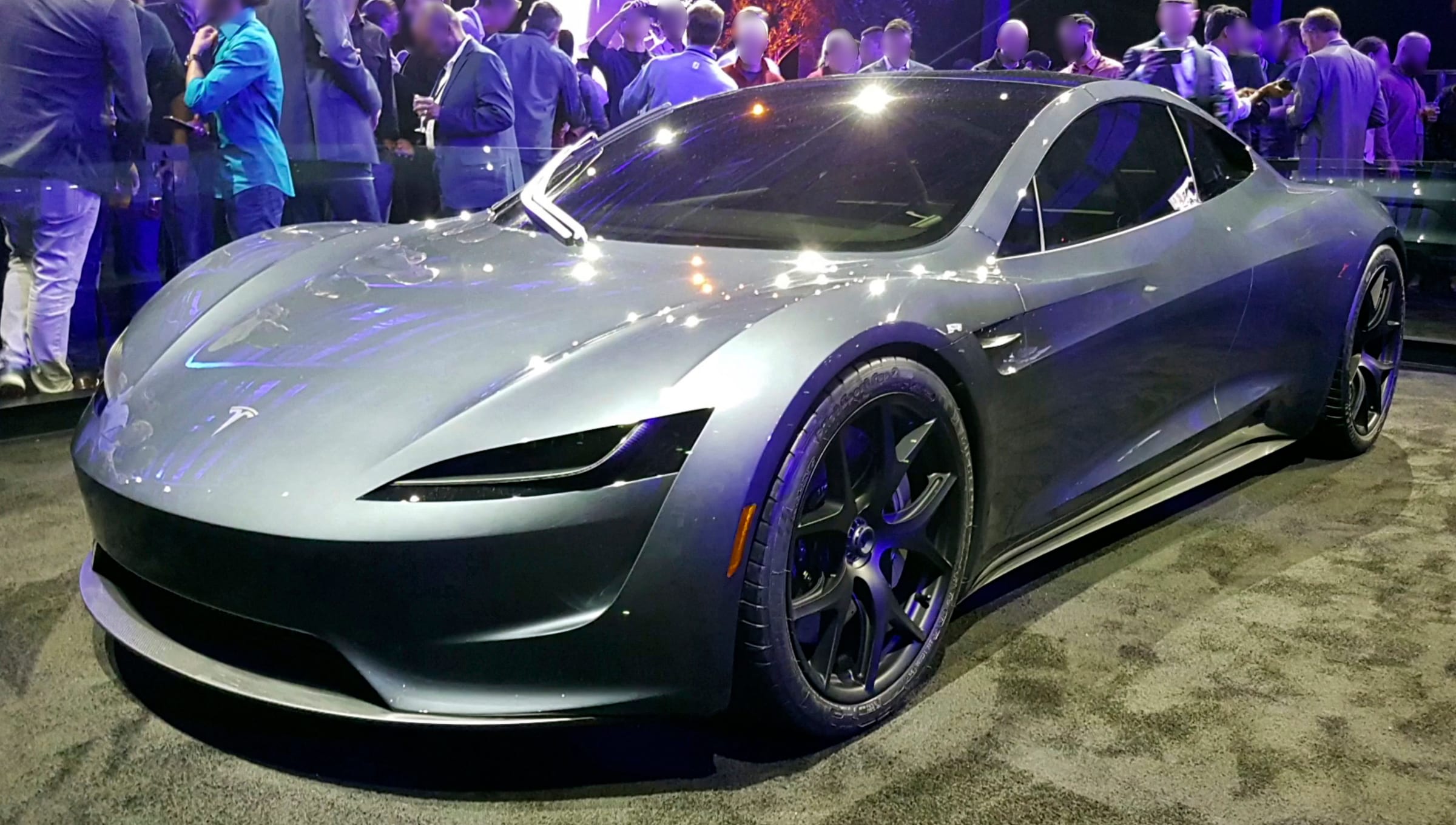Silver Tesla Roadster prototype at the unveiling event